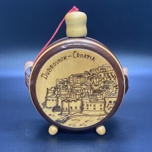 Vtg Wood Flask Canteen Handcrafted Folk Art Carved Pyrography Dubrovnik Croatia